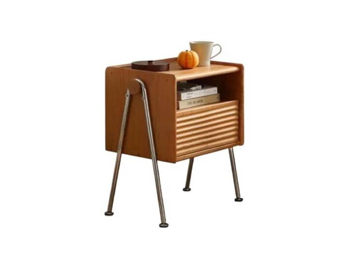 YANG11FAN Vielseitig Nachttisch im Vintage-Design aus Holz Mit Tischbeinen aus Metall und offenem Regal