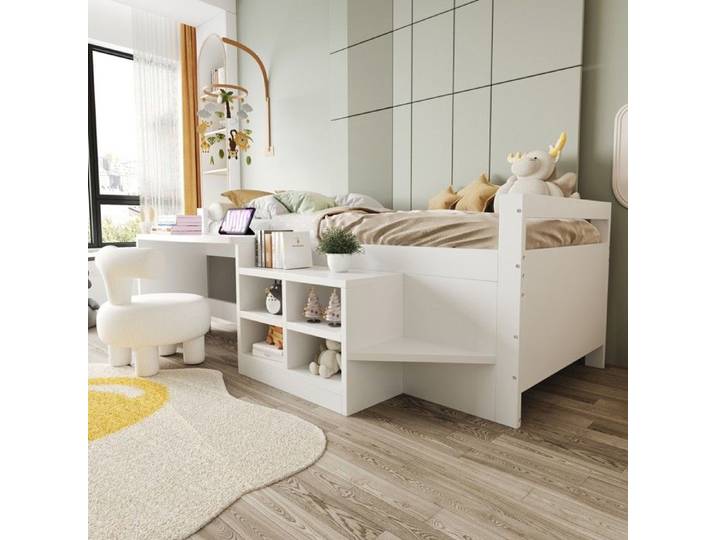 Lit enfant 90x200 cm bois blanc simple avec rangement bureau ports conformes norme européenne