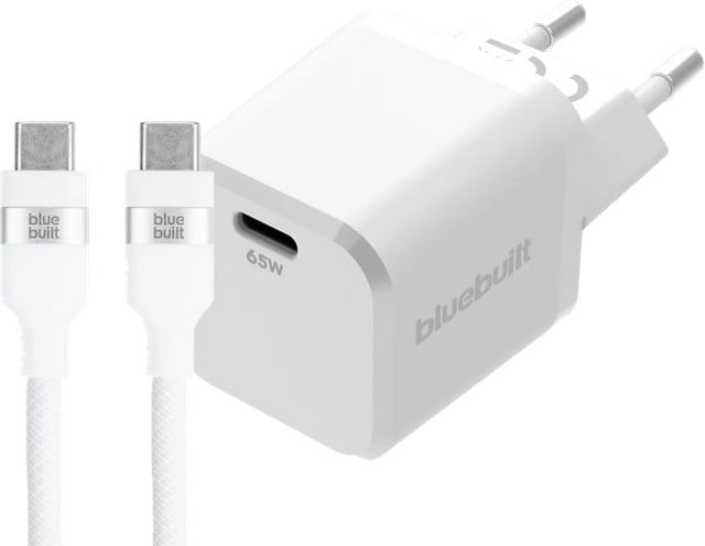 BlueBuilt 65W GaN USB-C Oplader Wit met 240W USB-C Nylon Kabel 2m Wit