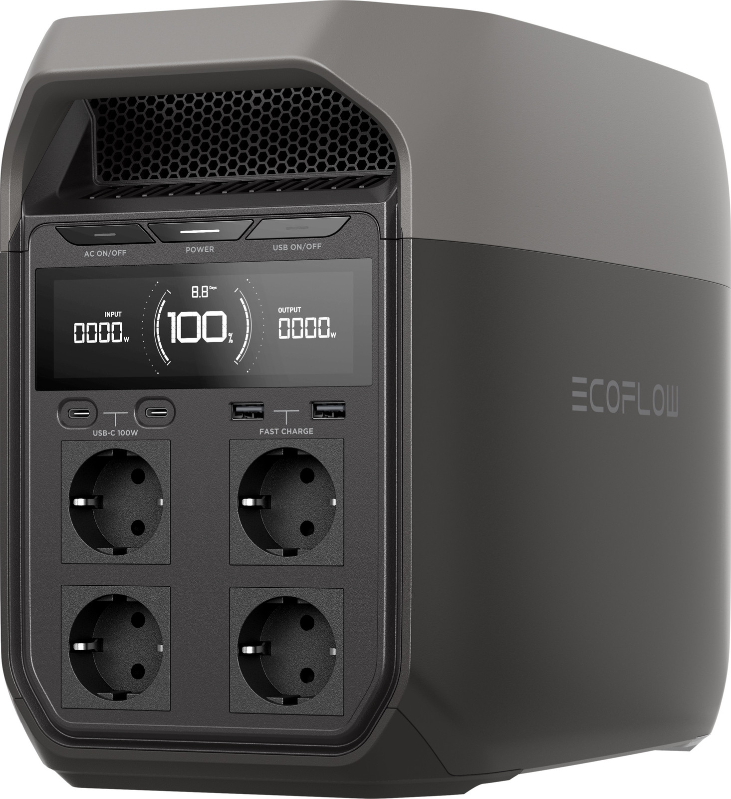 EcoFlow Delta 3 Powerstation, 1024 Wh, Grijs/Zilver, met 4 AC- en 4 USB-uitgangen