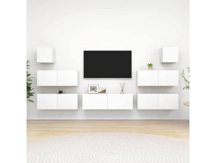 HEFZGDB 7-TLG. TV-Schrank-Set Weiß Holzwerkstoff Moderner Wandschrank mit großem Stauraum für Wohnzimmer Aufbewahrung