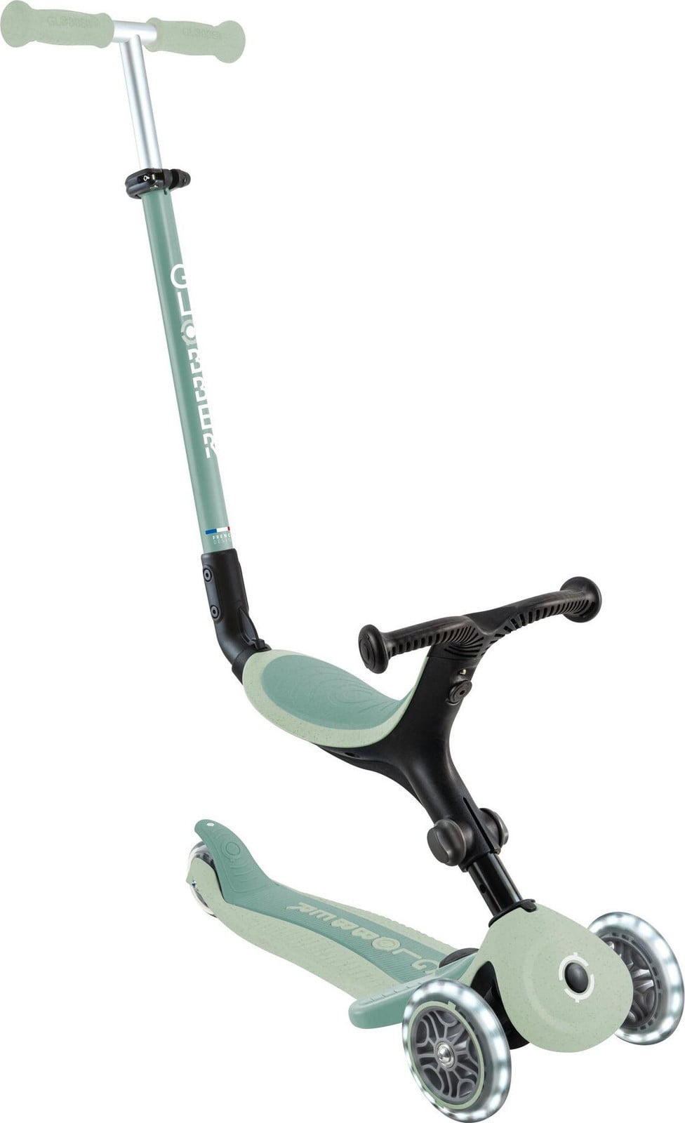 Globber Go-Up Active Lights Eco 3-in-1 driewieler, loopfiets en scooter - Pistaciegroen
