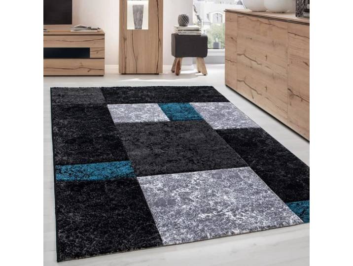 Tapis de salon design poil court design moderne carreaux contours découpe Turquoise 240 x 340 cm