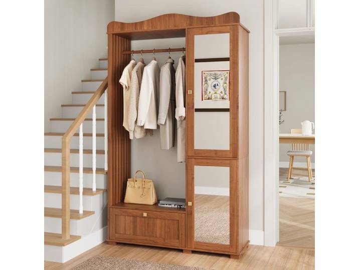 Meuble d'entrée - Becag - Vestiaire d'entrée avec miroir et penderie ouverte - 2 portes - 115.5x38.5x194.5cm - Couleur Noyer