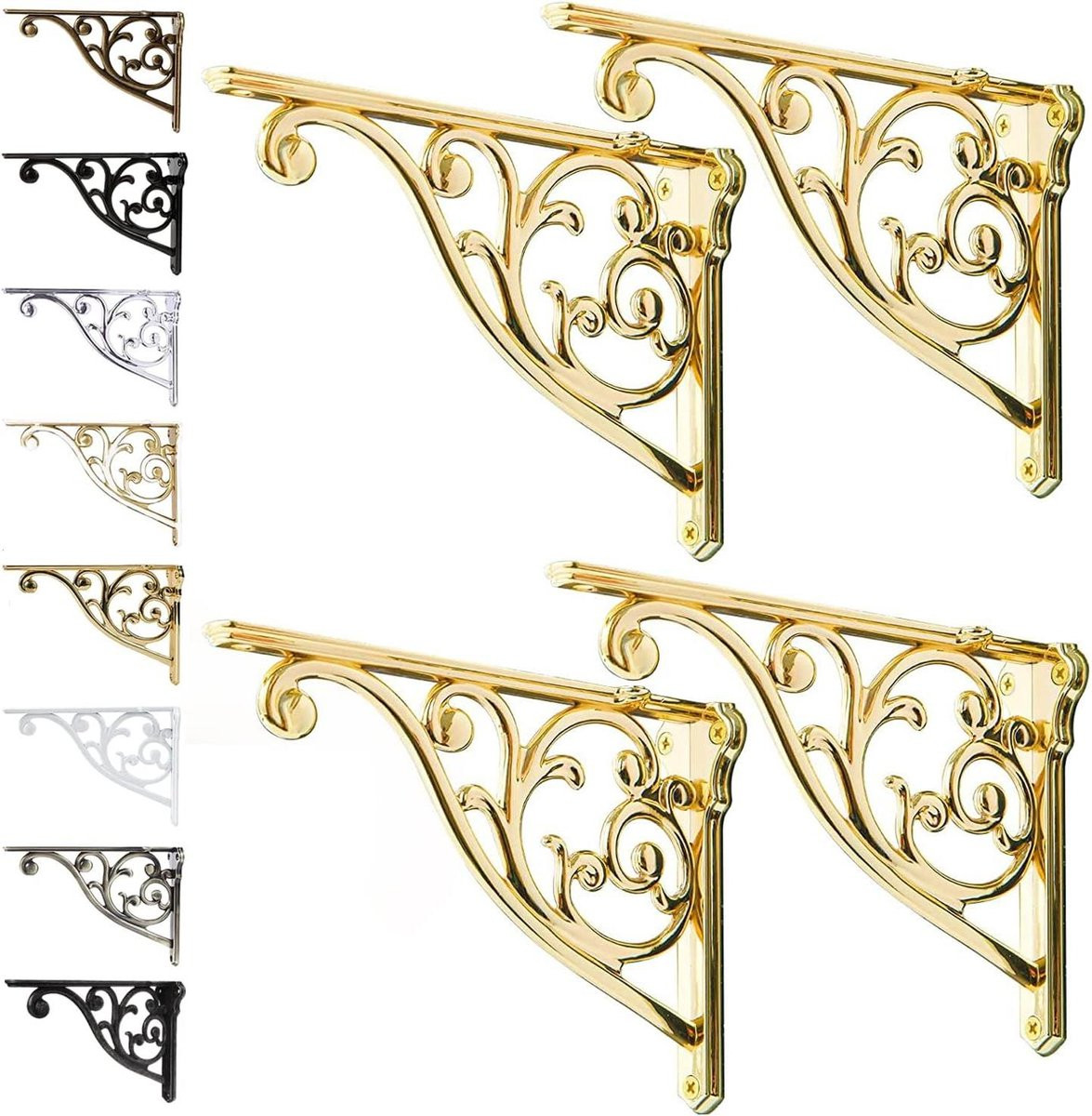 Decoratieve plankbeugels in barokstijl, messing goud, 20 cm