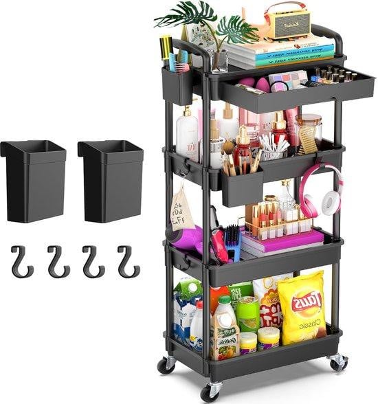 Benza Multifunctionele opbergwagen met 4 niveaus, lade en wielen met rem