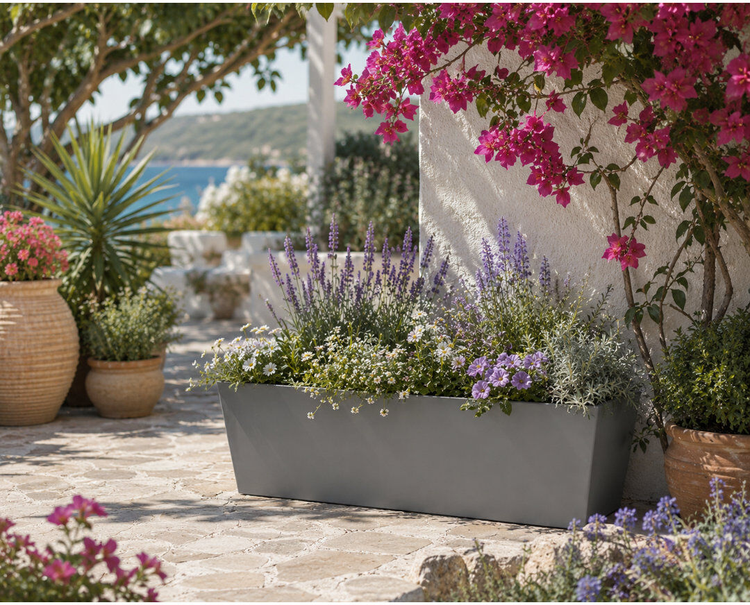 Dakota Fields Isla Trough Planter Pot, Concrete Effect Pot, Indoor and Outdoor Large Plant Pot with Drainage Hole White 35cm H x 35cm W x 75cm D
