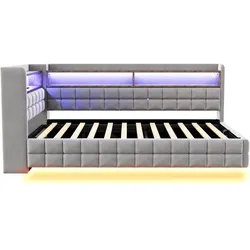 OKWISH Polsterbett Schlafsofa Samtstoff hellgrau 90x200 cm mit hydraulischem Stauraum, Holzregalen, LED-Beleuchtung und Ladeanschlüssen