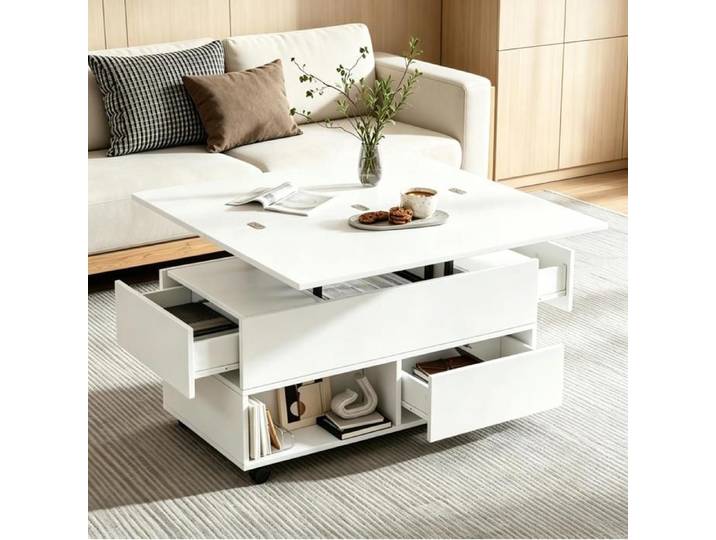 Table Basse Relevable Blanche Table Basse Multifonction FloraGrace Pour Salon Avec Roulettes 100x50x52cm