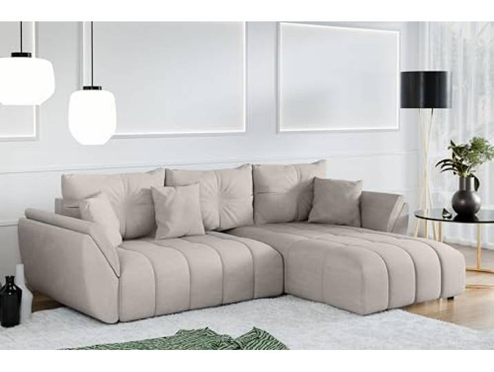 AX Living Ecksofa mit Schlaffunktion Antalya L Sofa Beige 280 cm Eckschlafcouch mit Bettkasten. Wohnlandschaft L Form mit komfortabler Schlaffunktion. Liegefläche von 235x133 cm.
