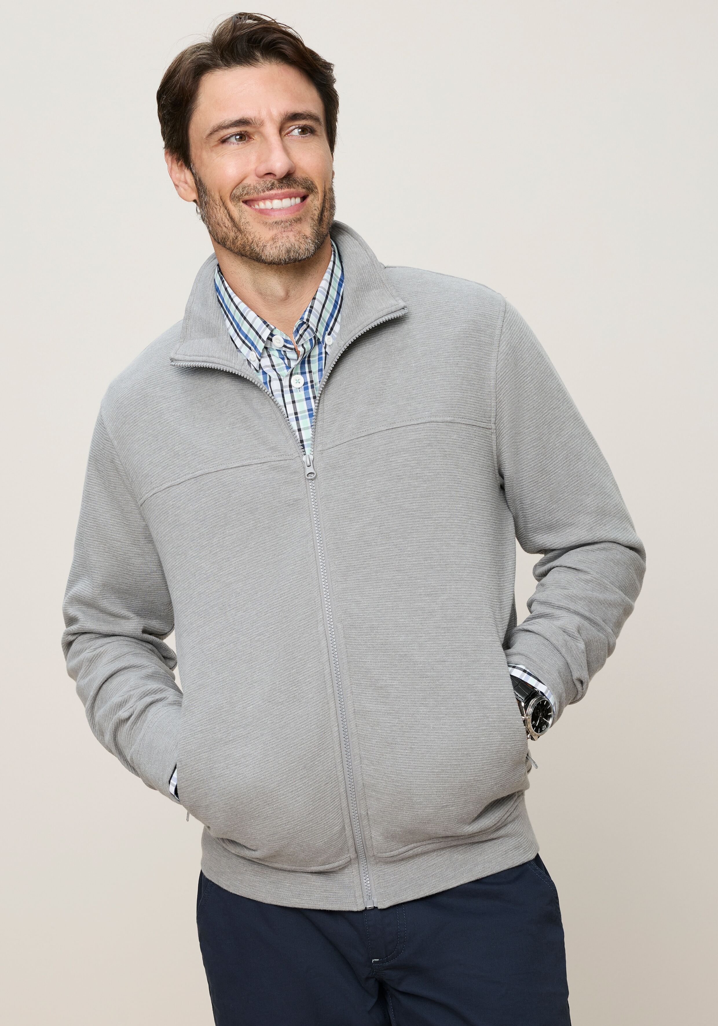 Sweatjacke MAN'S WORLD, Herren, Gr. XXL, grau, Obermaterial: 60% Baumwolle, 40% Polyester, gestreift, angesetztes Bündchen, Sweatjacken Sweatjacke, mit hochschliessendem Kragen, markante Querteilungsnaht grau XXL