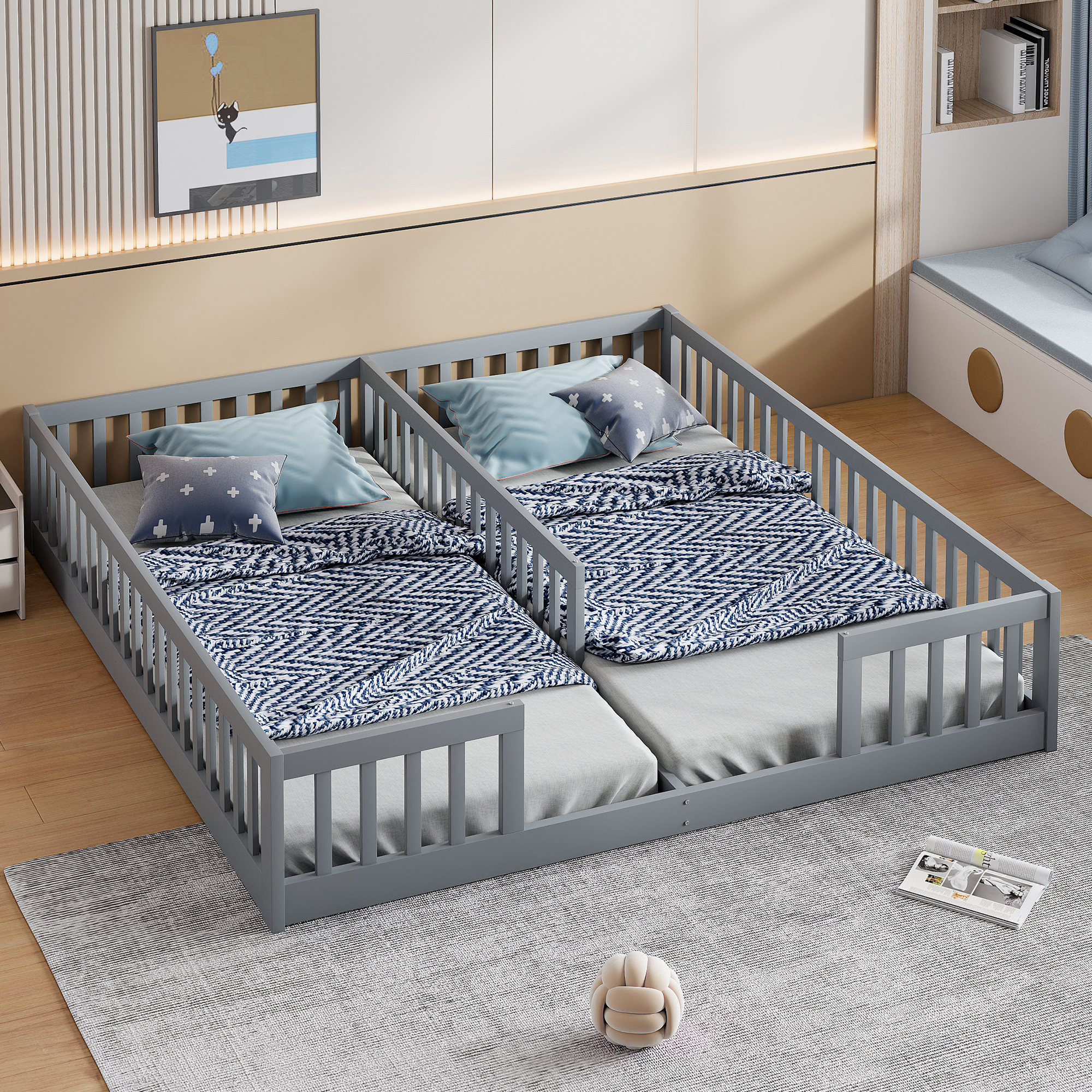 MODFU Doppelbett 90x200 Kinderbett Jugendbett Einzelbett mit Zwei Matratze Einzelbetten mit Lattenrost aus Holz,Grau