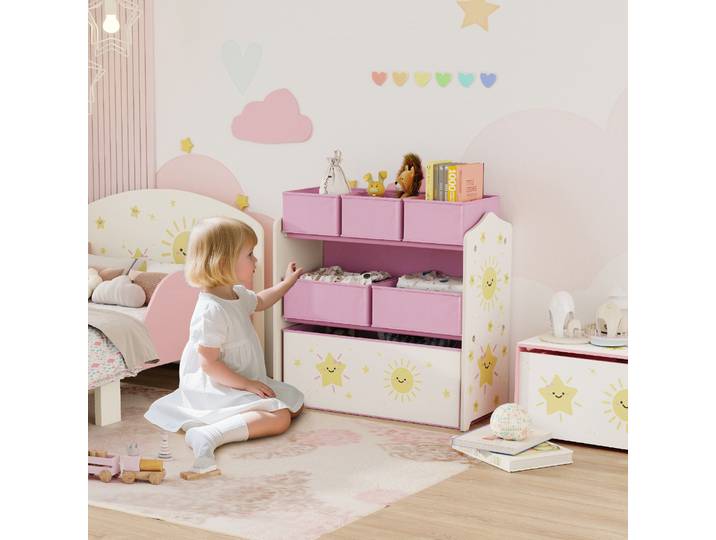 AIYAPLAY Étagère Enfant 3 Niveaux avec 6 Boîtes Tissu Rose