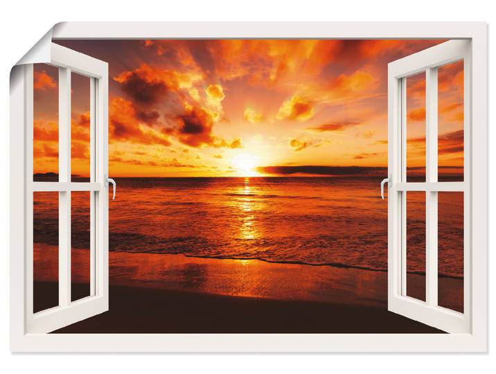 Poster ARTLAND Fensterblick Sonnenuntergang am Strand , weiss (farbe bild(er): weiß), B:70cm H:50cm, Bilder, Poster, ohne Rahmen