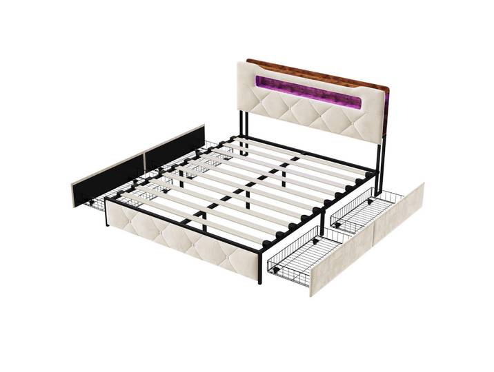Shopentra Staurumbett 140X190Cm Samt Beige LED Kopfteil 4 Schubladen, Beige, Schlafzimmer, Betten