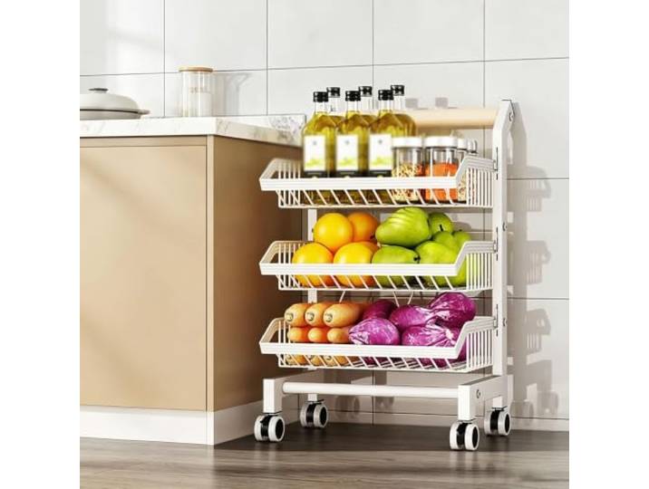 Dexinhdh Servierwagen, Gemüseregal mit Rollen Vorratskammer-Organizer für Lebensmittel, Snacks, Zwiebeln und Kartoffeln(White,3-Tier)