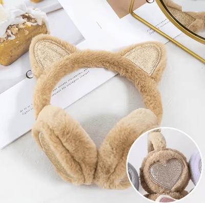 Inspire Essentials Winter Warm Plush Cat Ear Earmuffs For Women Girls And Kids heart Khaki