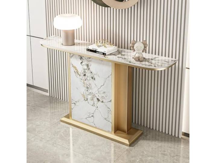 Moderne halbmondförmige Konsole Tisch, wandnaher Akzent-Eingangstisch Sintersteinplatte, platzsparendes Halbmonddesign, italienischer Minimalstil Flurkonsole Tisch(Gold Frame‑C,100cm/39.37 )