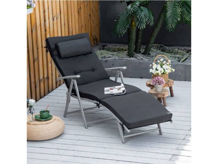 WOVREO chaise longue pliante extérieur avec coussin dossier réglable 7 positions métal noir