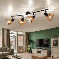Deckenleuchte Deckenstrahler Esszimmer Bambusgeflecht Deckenlampen aus Holz mit verstellbaren Spots, Metall schwarz, 4x E27 Fassung, LxBxT 80x13x19 cm
