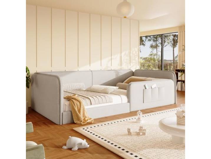 Polsterbett Plattformbett 90x200 Einzelbett Kinderbett mit Stauraum, Beige Multifunktionales Kinderbett Jugendbett 90x200 Einzelbett Funktionsbett mit Stauraum, Ohne Matratze