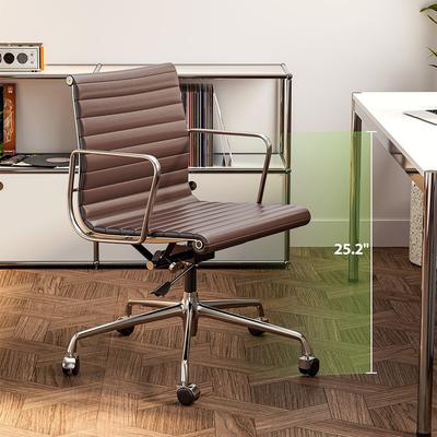 echamp Mid Back Genuine Leather Ergonomic Computer Ribbed Home Office Chair
