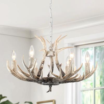LWYTJO 6-Light Farmhouse Adjustable Height Chandeliers Light with Decorative Resin Antlers for Dining Room, Living Room