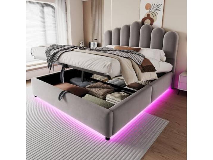 Merax Polsterbett 140x200 cm mit Hydraulik, LED & einzigartigem Kopfteil – Grau (Ohne Matratze)