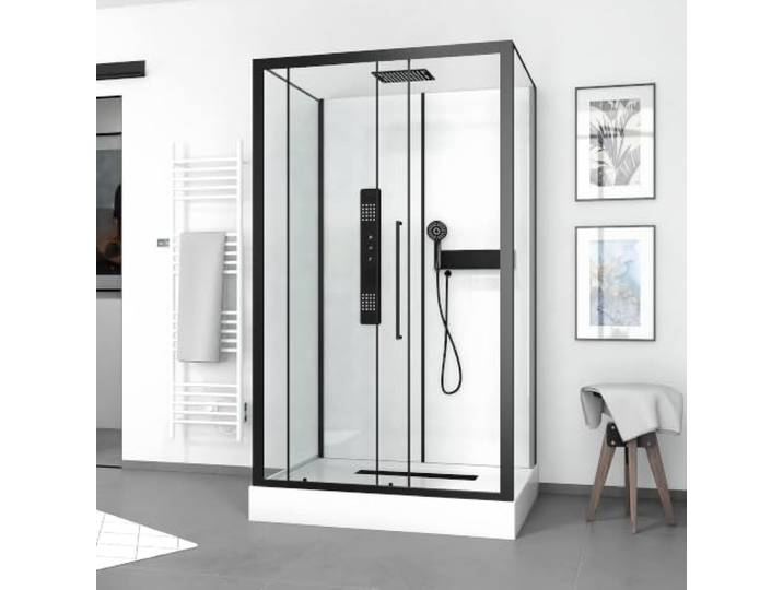 Komplettdusche 90×115×215 cm, Duschtasse, Gleittüren, 5 mm ESG, Armatur