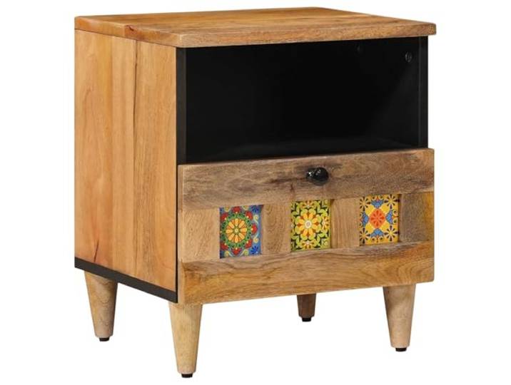 KDVXBCQJH Nachttisch Massivholz Mango 40x33x46cm Nachtschrank Natur Kompakte Nachtkonsole fürs Schlafzimmer bietet diskreten Stauraum dank Schubfach und pflegeleichter Echtholz-Ablagefläche.