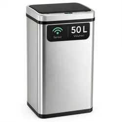ledscom.de Sensor Mülleimer SORTA 50L, automatischer Küchen Abfalleimer mit Bewegungssensor & Touch, Edelstahl, 4xAA Batterie, 35,5 x 26 x 67 cm, Silber/Schwarz
