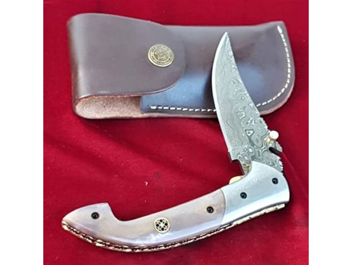 CRAFTOMATIK Damast Stahl Taschenmesser Klappmesser Kamelknochen, Damast Stahl, Mosaik Stift Griff Handgefertigt Outdoor Damastmesser Camping Messer FK27