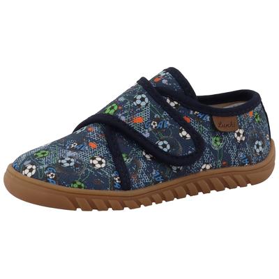 Barfußschuh LURCHI "Bibu 1 Barefoot", Jungen, Gr. 25, blau (navy), Textil, Schuhe Barfußschuh, Hauschuh, mit buntem Fußball-Motiv, Größenschablone zum Download