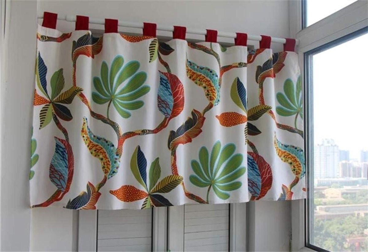 Beige Doorzichtig Kort Raamgordijn met Bladeren Patroon voor Keuken Decoratie - B: 100 cm, H: 80 cm