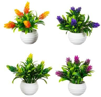 Nearly Natural 5-in Mini Flowering Plant in White Decorative Oval Planter - Set of 4