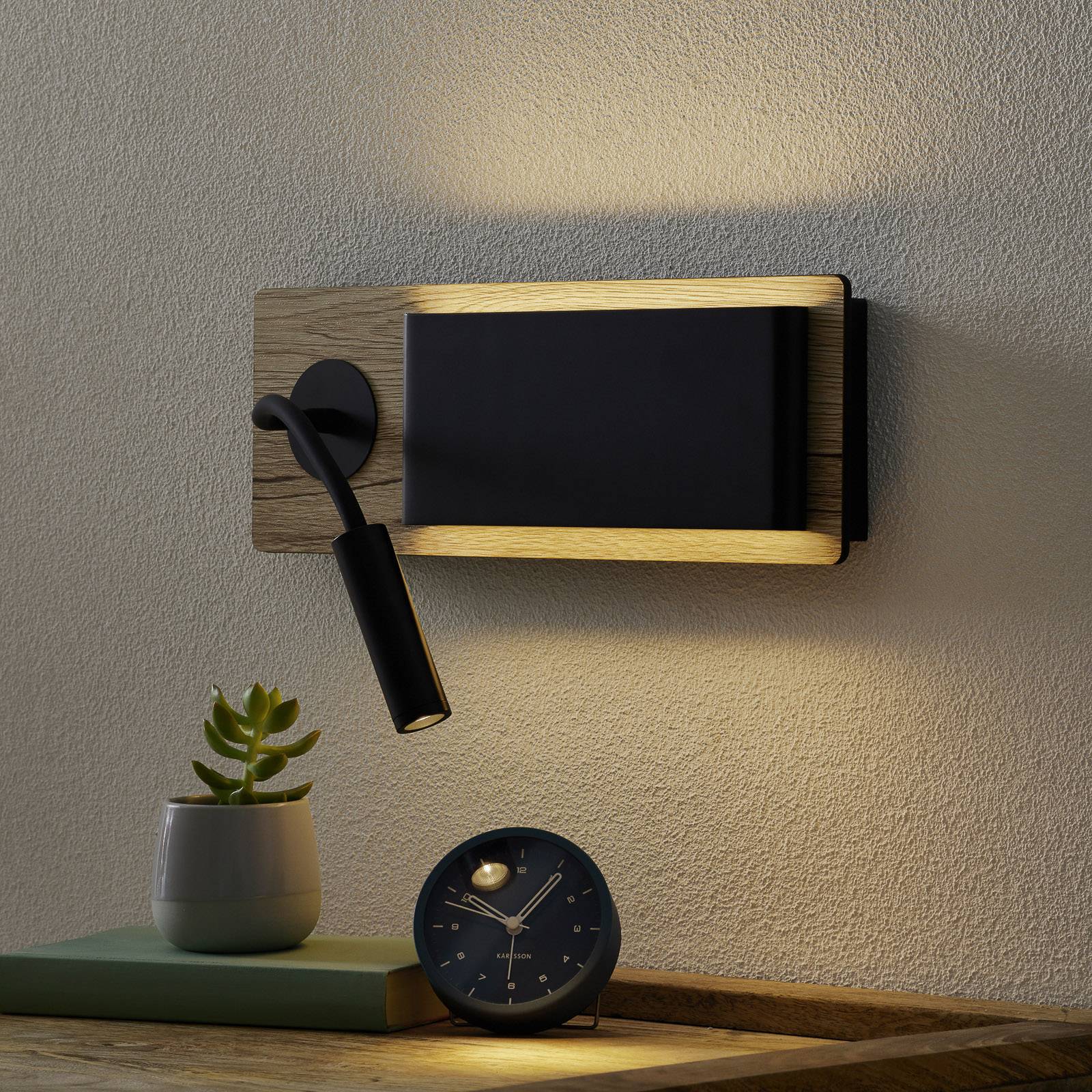 FARO BARCELONA Kinkiet LED Mood, czarny, sypialnia, drewno