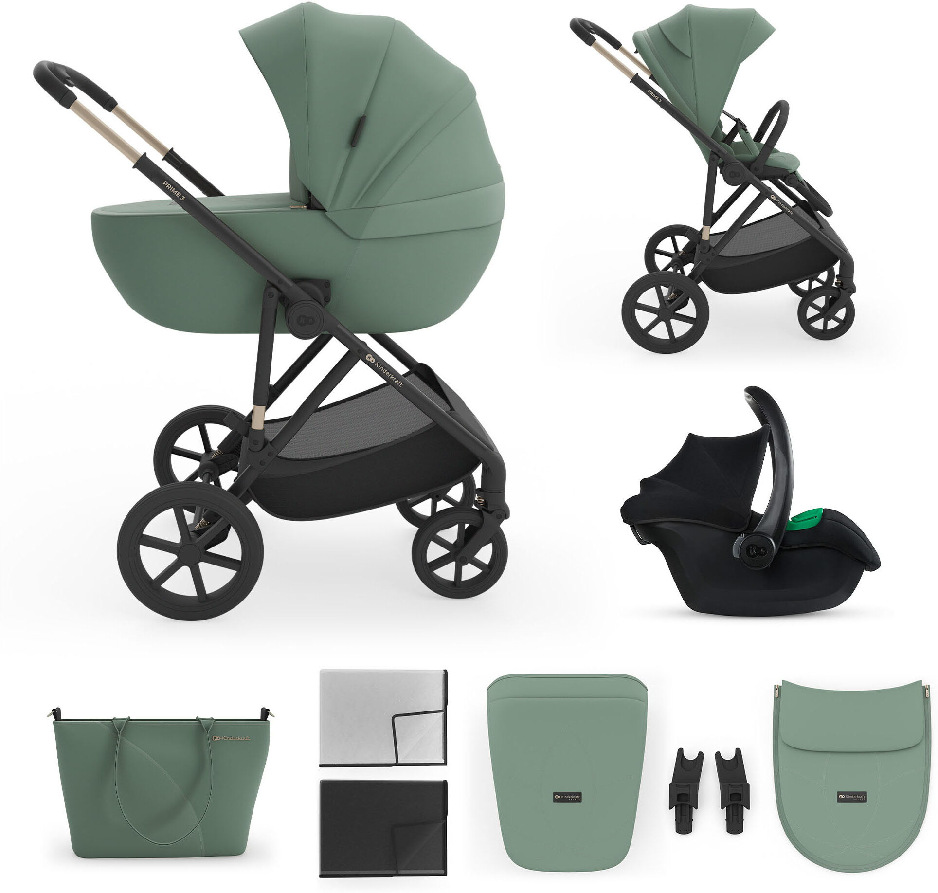 Kombi-Kinderwagen KINDERKRAFT "PRIME 3 3in1", Kinder, dunkelgrün, Polyester, Stahl, Kinderwagen, inkl. Babyschale MINK