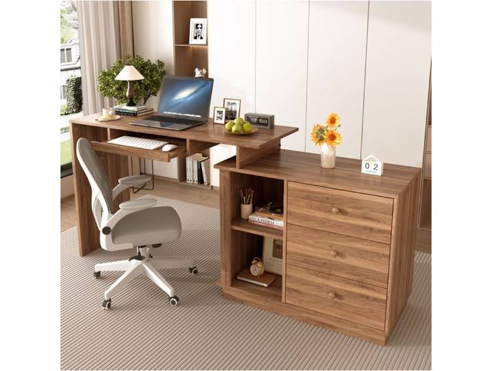 COVREO Bureau informatique extensible 110-188 cm MDF décor bois noyer avec 3 tiroirs