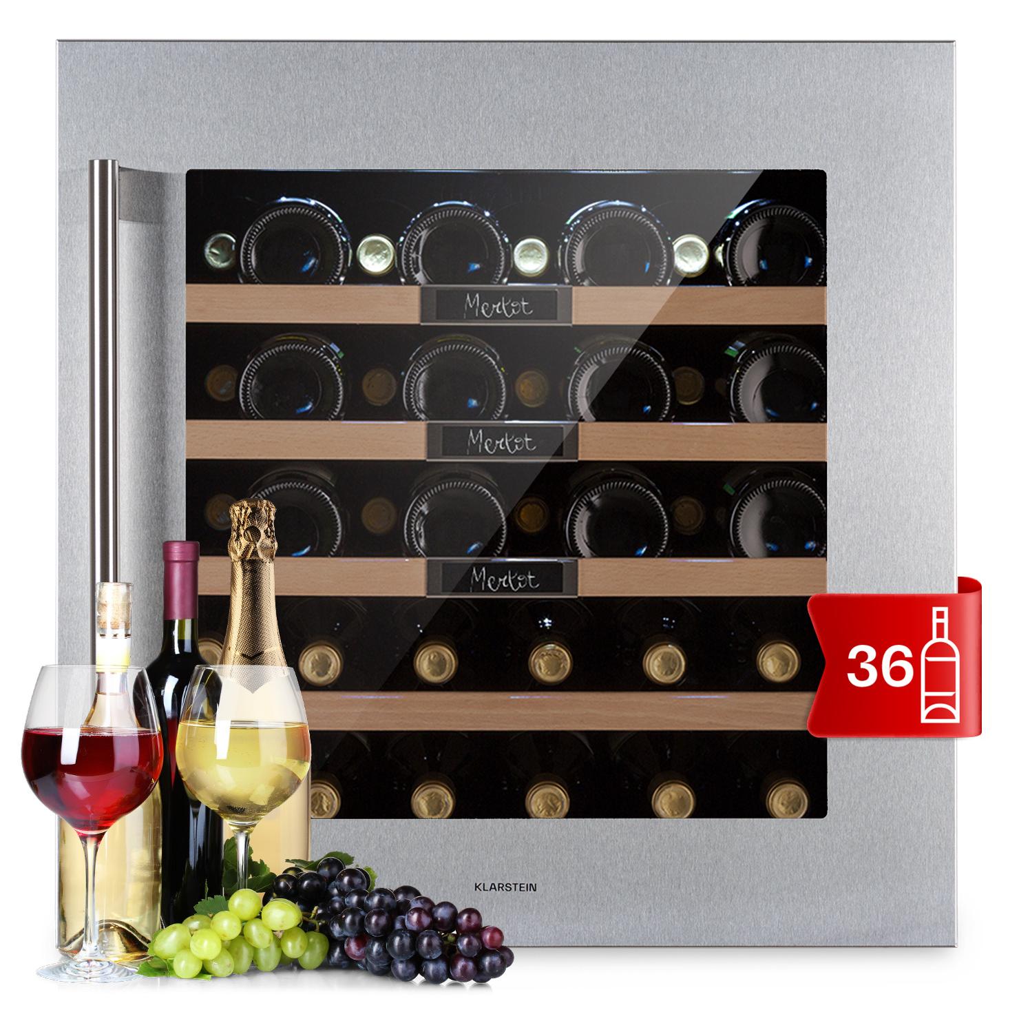 Klarstein Einbau-Weinkühlschrank, Kleiner Getränkekühlschrank Schmal, 1 Zone Weinkühlschrank mit Glastür, Indoor/Outdoor Beersafe, Kühlschrank Klein mit UV-Schutz, 5-20°C, 36 Flaschen