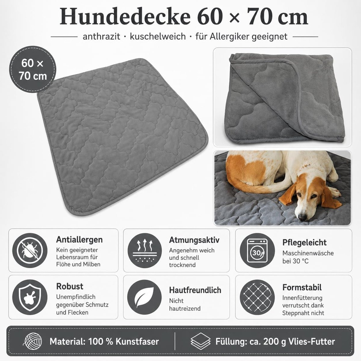 Ggm Anti-allergische hondendeken, sneldrogend en wollig, antraciet, 60 x 70 cm