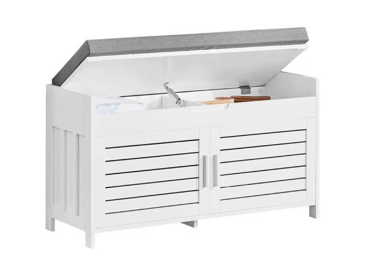 SoBuy FSR102-W Meuble Bas Entrée avec Coussin Rembourré Confortable avec Coffre Intégré et 2 Portes 90x33x80 cm