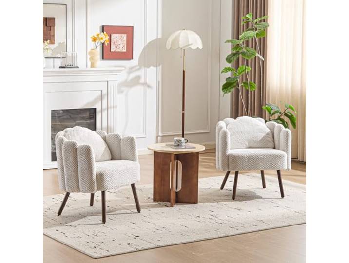Ckaff Sessel Wohnzimmer mit Kissen, Gepolsterter Muschel Sessel mit Blütenblatt-Rückenlehne aus Bouclé, Schminktisch Stuhl Loungesessel mit Holzbeine fürs Wohnzimmer Schlafzimmer (Beige, 2 Stück)