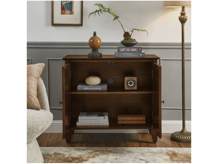 Buffet bas - Bahut rétro en noyer - 2 portes étagère réglable bois et MDF