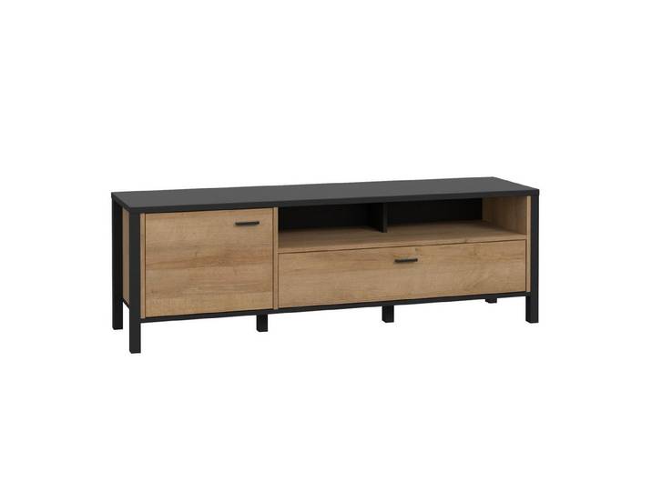 Newroom Lowboard Schwarz und Riviere Eiche 151 cm, TV Lowboard Schwarz und Riviere Eiche Modern TV Schrank Fernsehtisch