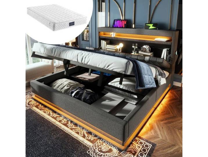 Lit rembourré 160x200 avec rangements et LED Maisentiel