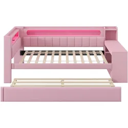 OKWISH Tagesbett MDF/Sperrholz gepolstert Rosa 237x103,5x93,5 cm, gewerblich geeignet, mit 90x190 Ausziehbett, Schreibtisch, USB und LED-Beleuchtung
