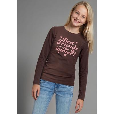 Langarmshirt KIDSWORLD "Slogan Shirt: BEST FRIENDS - für immer", Mädchen, Gr. 164/170, braun, Single Jersey, Obermaterial: 100% Baumwolle, Basic hüftlang, Rundhals, Shirts Langarmshirt, Sprücheshirt für Best Friends, hüftlange Schnittform, Basic-Stil