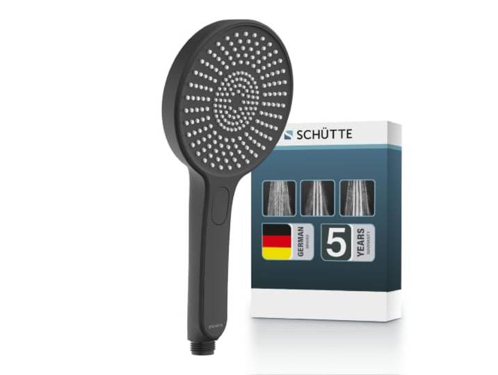 SCHÜTTE Handbrause KARIBIK mit Antikalk-Noppen Duschkopf mit komfortablem Druckknopf und 3 einstellbaren Strahlarten Brausekopf Antikalk für die Dusche Schwarz