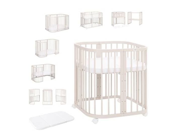 waldin Babybett 7in1, Matratze, Rollen, Regal, Kaschmir Ohne Stoffset, Mitwachsend, Beistellbett aus Holz, Wiege optional