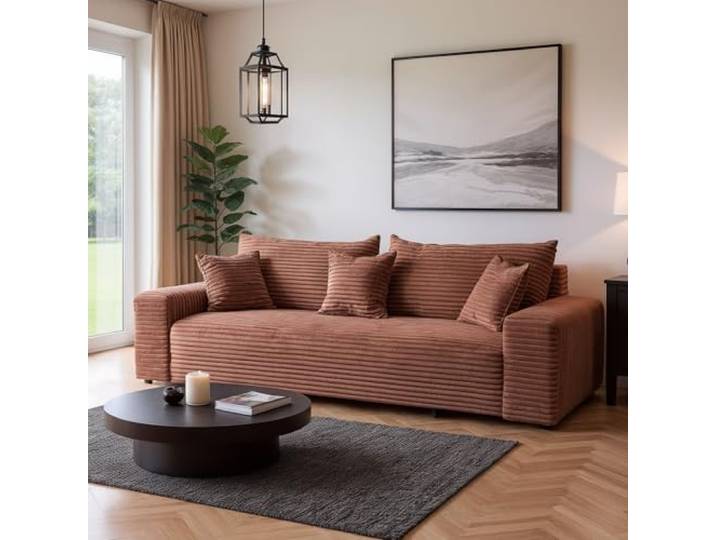 SOFILAND Cordo Schlafsofa 265×150 cm mit Bettkasten – Cord Sofa TILIA Breitcord, SoftTouch Komfort, 3-Sitzer Couch, abnehmbare Kissen, Easy Clean & Pet Friendly (Ziegelstein)